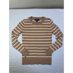 Banana Republic Womens Striped Long Sweater XS Brown White Yellow Crew Neck